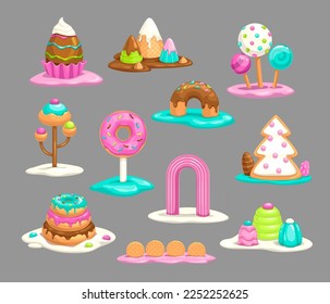 Sweet decorative fantasy objects for candy land design. Sweetland cartoon assets for game design. Chocolate, sugar, caramel, cream, donut, candies elements. Vector isolated sweets, icons set