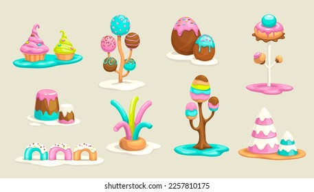 Sweet decorative fantasy objects for candy land design. Sweetland cartoon assets for game design. Chocolate, sugar, caramel, cream, donut, candies elements. Vector isolated sweets, icons set