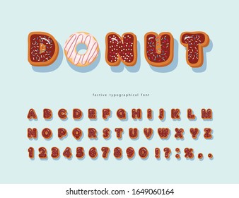 Sweet decorative font. Cartoon chocolate letters and numbers. Cute alphabet for girls. Birthday, baby shower celebration design. Vector illustration