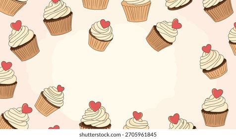 Süße dekorative Rahmen aus leckeren Cupcakes mit weißem Frosting und roten Herzen auf rosafarbenem Hintergrund mit zentralem Kopienraum.