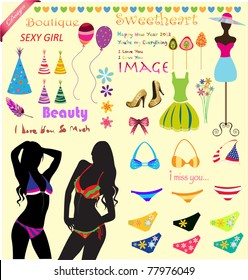 Sweet decorative sticker set for scrap-booking art to download. Vector fashion young sexy bikini model.