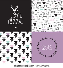 Sweet deer black and white postcard 2015 cover design and geometric hipster bow seamless background pattern set in vector