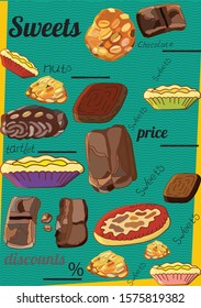 Sweet delicacies. Price list. Price. Menu. Baking, nuts, chocolate