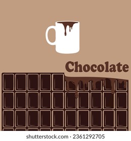 Sweet delicacy poster with chocolate bar and hot chocolate in a cup