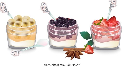 Sweet Delicious Breakfast Dessert Vector. Yogurt Parfait With Fruits Banana, Berry And Strawberry Collection