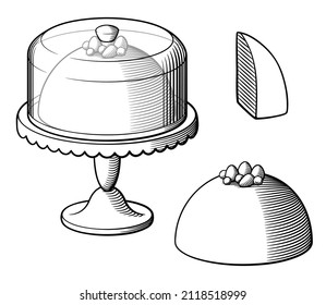 Sweet delicious cake with berries on a cake stand with glass cover and cake slice. Black and white retro style vector illustration, isolated on white