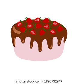 Sweet delicious cake. Cartoon style hand drawn vector illustration.Cake with cream, berries, fruits. For greeting cards, restaurants and bakery menus.