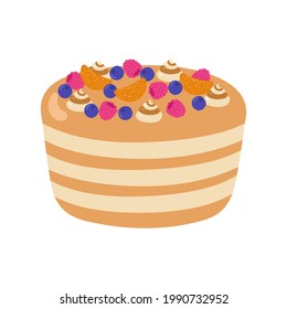 Sweet delicious cake. Cartoon style hand drawn vector illustration.Cake with cream, berries, fruits. For greeting cards, restaurants and bakery menus.