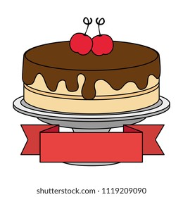 sweet and delicious cake with cherries and ribbon