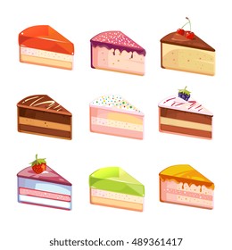 Sweet delicious cake slices pieces vector icons. Dessert of piece, snack with chocolate cream illustration