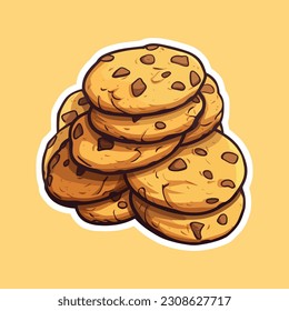 Sweet Delicious Chocolate Chip Cookie Sticker Hand Drawn Concept