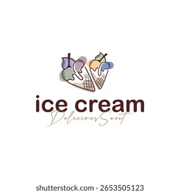 Sweet delicious, and cold food, ice cream logo with a modern and minimalist line concept suitable for business brand, template, poster, restaurant, cafe, as an illustration symbol