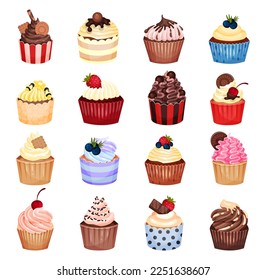 Sweet Delicious Cupcakes with Whipped Cream and Berry on Top Big Vector Set