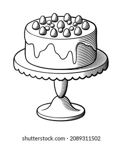 Sweet delicious decorated with berries on a cake stand. Black and white retro style vector illustration