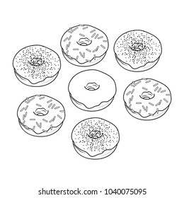 Sweet Delicious Donuts Set Outline Vector Illustration for Children Coloring Book.