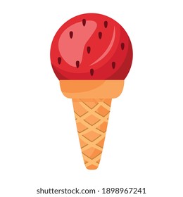 sweet delicious ice cream strawberry flavor in cone vector illustration design