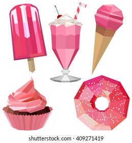 Sweet delicious icons of pink ice cream, ice lolly, cup cake, milkshake and doughnut in low poly design styled in vector format