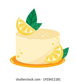 Sweet delicious mini cake. Cartoon style hand drawn vector illustration. Lemon cheesecake with glaze, cream and peppermint.  For birthday cards, restaurants and bakery menu. 
