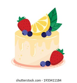 Sweet delicious mini cake. Cartoon style hand drawn vector illustration. Lemon cake with glaze, cream, strawberry, blueberry and peppermint.  For birthday cards, restaurants and bakery menu. 