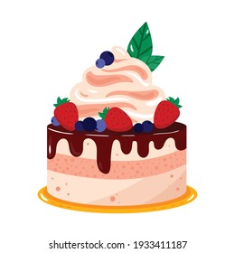 Sweet Delicious Mini Cake. Cartoon Style Hand Drawn Vector Illustration. Chocolate Cake With Mouse, Cream Strawberry, Blueberry And Peppermint.  For Birthday Cards, Restaurants And Bakery Menu.