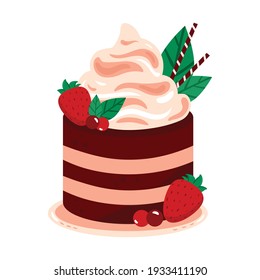 Sweet delicious mini cake. Cartoon style hand drawn vector illustration. Chocolate cake with mouse, cream strawberry and peppermint.  For birthday cards, restaurants and bakery menu. 