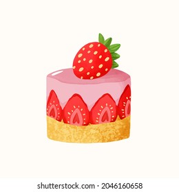 Sweet delicious mini cake with strawberries. Cartoon style hand drawn vector illustration. For birthday cards, restaurants and bakery menu.