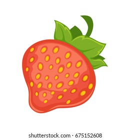 Sweet delicious ripe strawberry with leaves isolated cartoon illustration