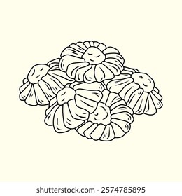 Sweet delicious semprit cake in flower shaped with jelly on top. Thin line illustration.