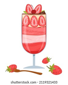 Sweet and delicious strawberry parfait. Strawberry cafe drink vector illustration.