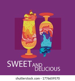 Sweet and delicious vector cocktails with bright purple background. Colourful milkshakes with different creams. Made with love.