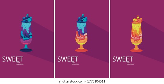 Sweet and delicious vector milkshakes with dark shadows and purple background. Made with love.
