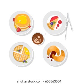 Sweet delicious: waffles, chocolate, pancakes and coffee cup. Vector. Breakfast food. Tasty icon set. Isolated. Top view.