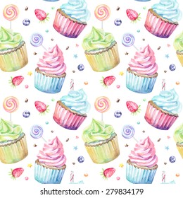 Sweet delicious watercolor pattern with cupcakes. Hand-drawn background. Vector illustration.