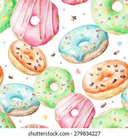 Sweet delicious watercolor pattern with donuts. Hand-drawn background. Vector illustration.