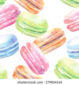Sweet delicious watercolor pattern with macarons. Hand-drawn background. Vector illustration.