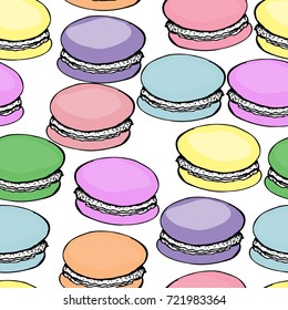 Sweet delicious watercolor pattern with macarons. Hand-drawn background. Vector illustration on white