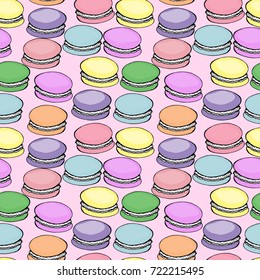 Sweet delicious watercolor pattern with macarons. Hand-drawn background. Vector illustration on pink background