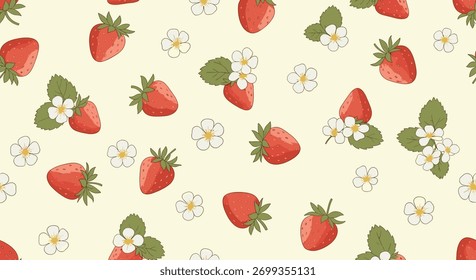 Sweet and delightful seamless pattern featuring vibrant red strawberries and delicate white strawberry blossoms on a soft cream background.