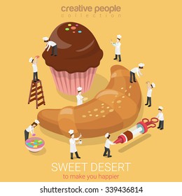 Sweet desert bakery muffin croissant flat 3d isometry isometric concept web infographics vector illustration. Micro bakers baking huge croissant pour chocolate. Creative people collection.