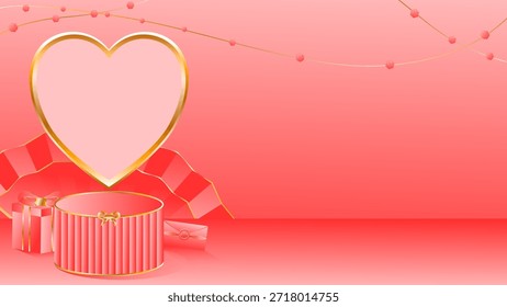 Un diseño dulce de San Valentín con un fondo rosa suave y un marco de corazón dorado, que simboliza el amor, el romance y la calidez