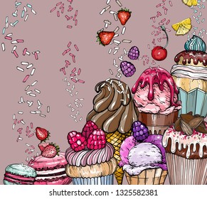 Sweet Dessert Background with Cakes and ice cream, baked dessert set, vector illustration