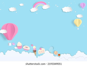 Sweet dessert background. Colorful balloons, dessert, rainbow, and cloud on blue background with space for copy text. Paper cut style.  