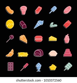 Sweet dessert and bakery doodle icons set isolated on black background. Vector illustration with cake, sweet and ice cream in doodle style.