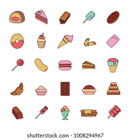 Sweet dessert and bakery line icons set isolated on white background. Vector illustration with cake, sweet and ice cream in cartoon style.