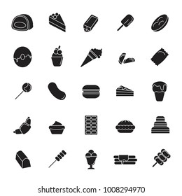 Sweet dessert and bakery line icons set isolated on white background. Vector illustration with cake, sweet and ice cream in black simple silhouette style.