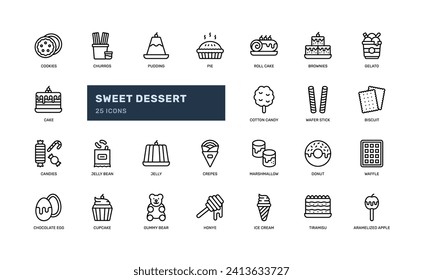 sweet dessert bakery pastry food menu restaurant detailed outline line icon set