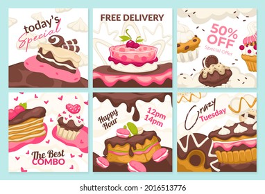 Sweet dessert banner set, vector illustration. Today special cake, free delivery with best combo, cup cake and muffin collection. Happy hour, crazy tuesday at bakery, pastry food collection.