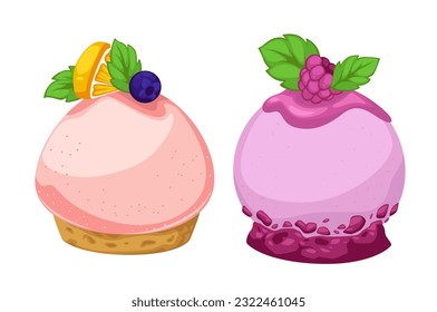 Sweet dessert with biscuit and mousse, topping or jam and fruit decoration. Isolated pastry products served in restaurant or cafe, raspberry and mint flavor, delicious treat. Vector in flat style