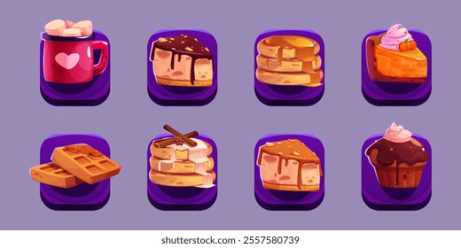 Sweet dessert breakfast game ui icons - hot chocolate mug with marshmallows, chocolate cheesecake slice, maple syrup pancakes, pumpkin pie piece, crispy waffles, cinnamon topped crepes and cupcake.