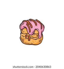 Sweet dessert bun with pink icing - cartoon drawing of baked pastry food with dripping frosting and chocolate glaze. Hand drawn muffin or donut, isolated vector illustration.